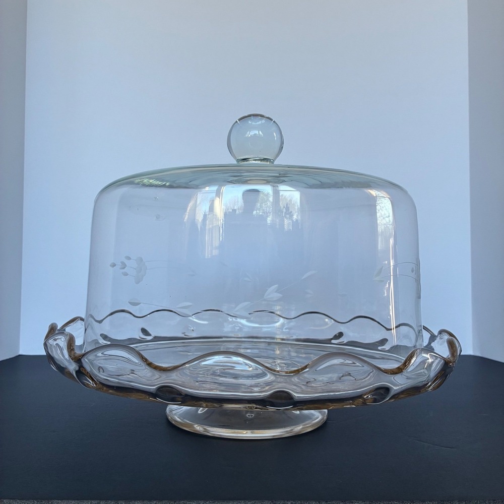 Vtg Princess House Heritage Crystal Pedestal Cake Stand 12in Etched Floral Dome